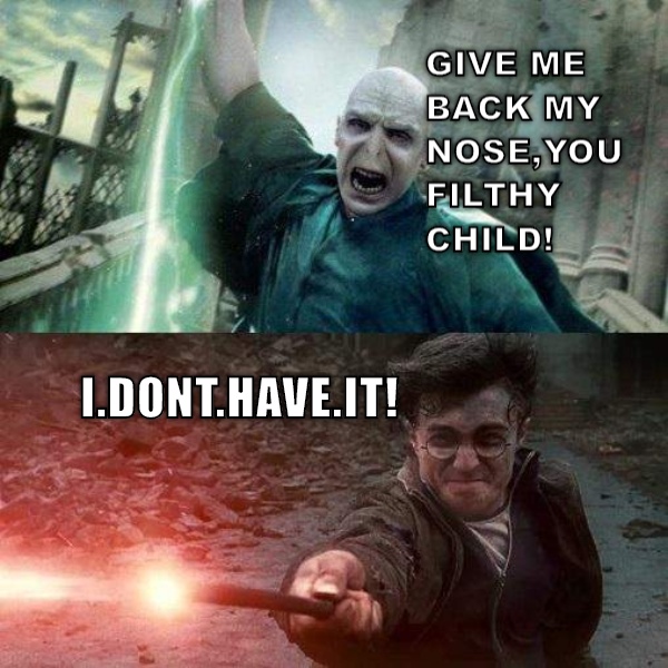 WHO HAS VOLDY'S NOSE?? I THINK HE HAS NO NOSE FROM RUNNING INTO THE WRONG WALL WHEN HE WAS STILL AT HOGWARTS. CRAMEMS MEMES